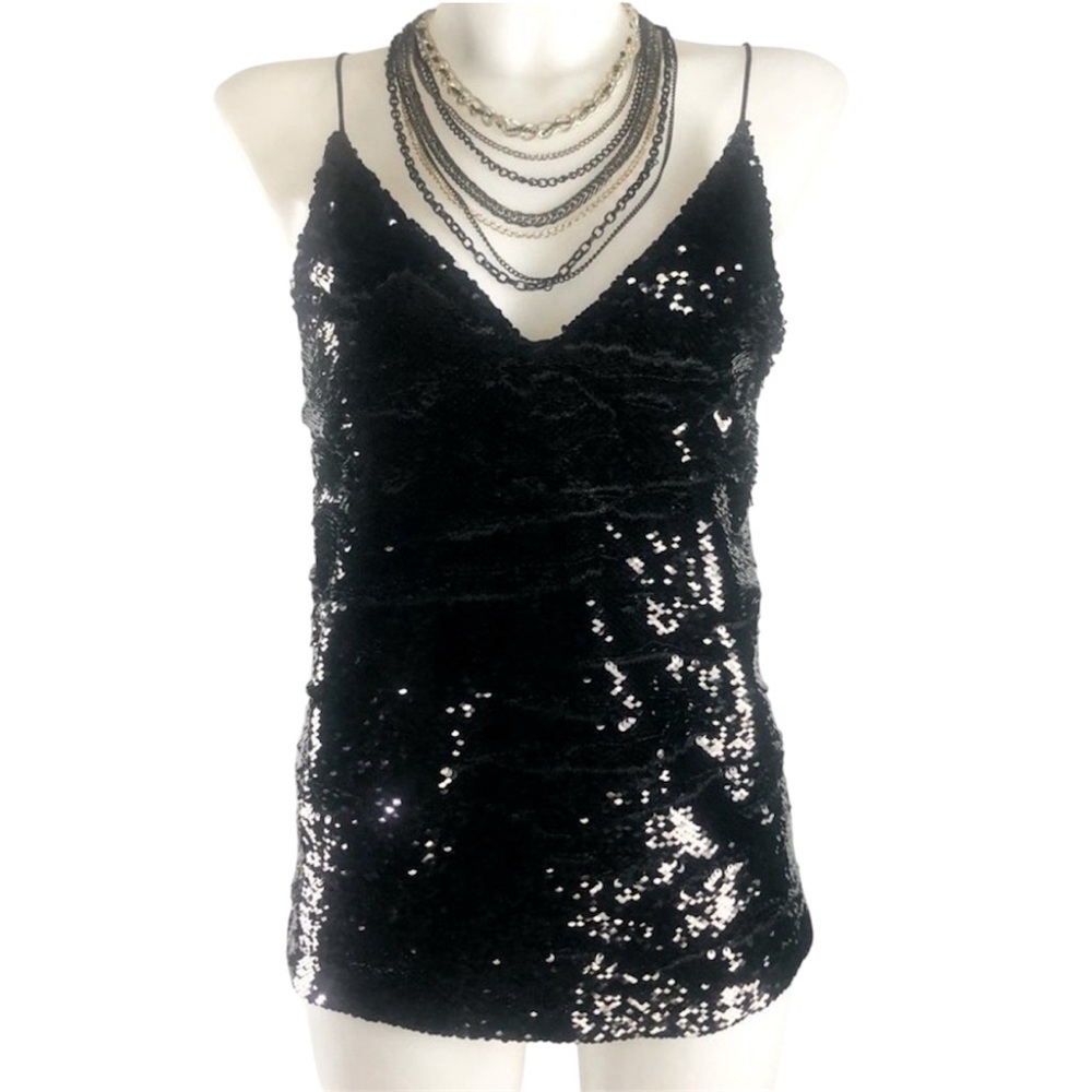 Zara TRF Collection -  Sexy Black Sparkly Sequin Camisole String Tank Top XS